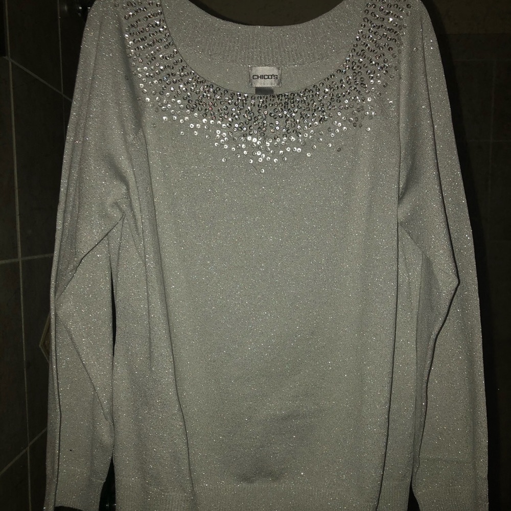 Chico’s metallic silver knit top with sequins